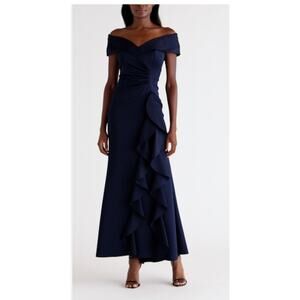 Xscape Evenings Ruffle Off Shoulder Scuba Gown - Size 12